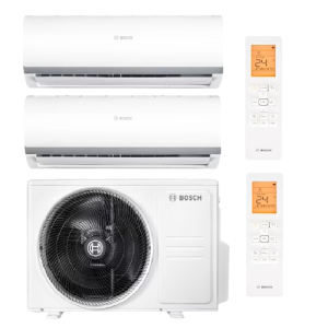 Aparat de aer conditionat Bosch CLIMATE 2000i pentru doua incaperi cu unitati interioare de 9000 BTU si 12000 BTU si unitate exterioara de capacitate 18000 BTU Refrigerant R32, Inverter,A++/A+, WI-FI Ready, Follow me, Wind avoid me, Auto-diagnoza